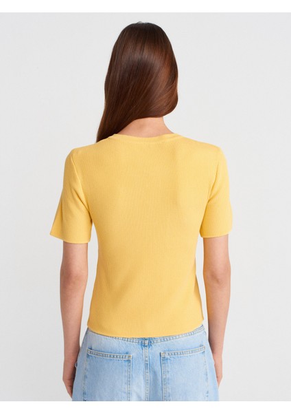 10733 Bisiklet Yaka Cepli Düğmeli Triko Bluz-Koyu Sarı fiyatları