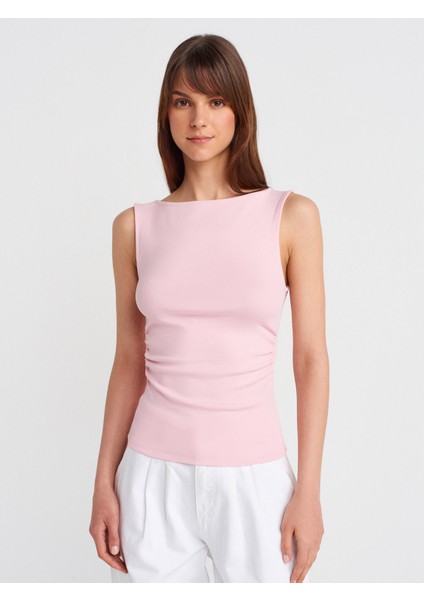 31589 Büzgülü Kayık Yaka Top-Toz Pembe