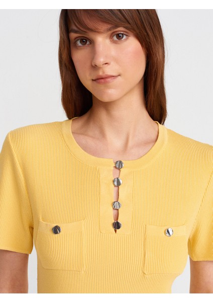 10733 Bisiklet Yaka Cepli Düğmeli Triko Bluz-Koyu Sarı modelleri