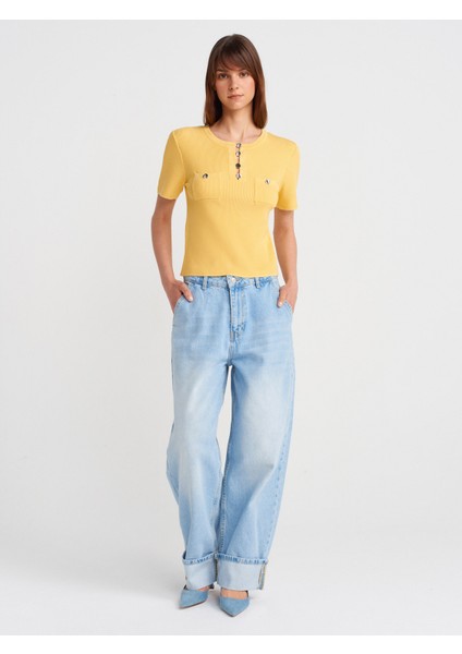 10733 Bisiklet Yaka Cepli Düğmeli Triko Bluz-Koyu Sarı fırsatları