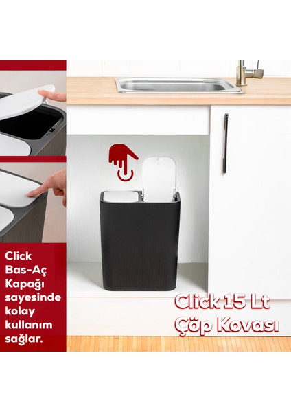 13255 Click Kapak Siyah-Beyaz Iki Bölmeli Modern Çöp Kovası 15LT