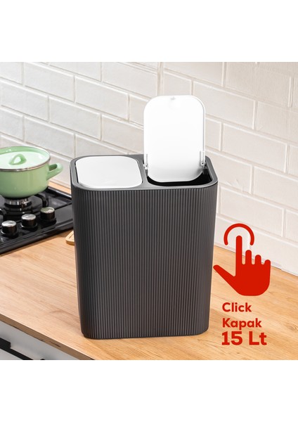 13255 Click Kapak Siyah-Beyaz Iki Bölmeli Modern Çöp Kovası 15LT