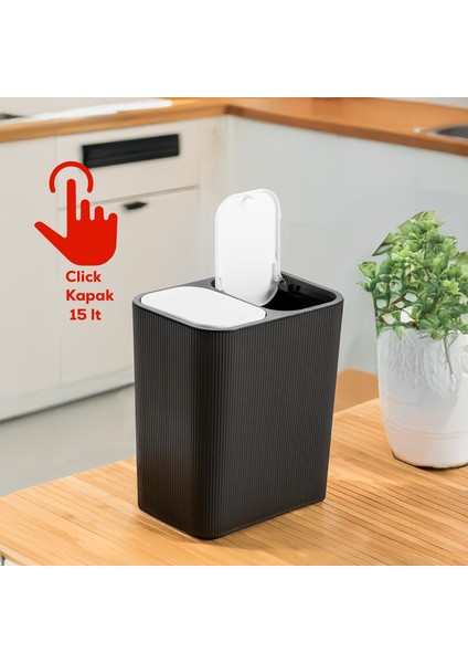 13255 Click Kapak Siyah-Beyaz Iki Bölmeli Modern Çöp Kovası 15LT