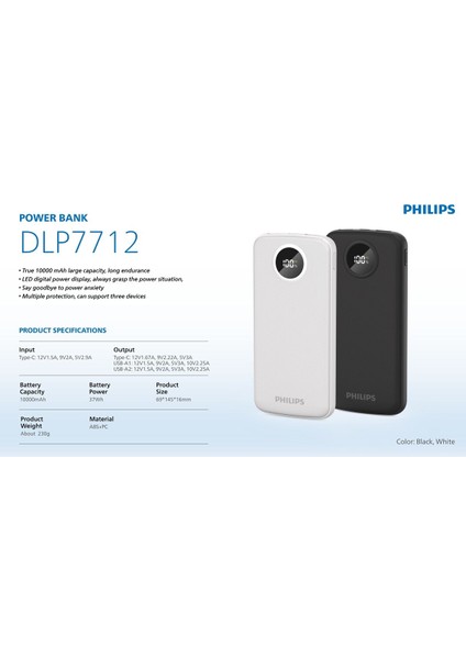 Powerbank 10000 Mah 3.7V,3 Port, 22.5W Hızlı Şarj, Usb-C ve 2x Usb-A, Korumalı Şarj, DLP7712