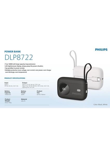 Kablolu POWERBANK,10000 Mah,dahili Type-C ve Lightning Kablo,dijital EKRAN,3.6V,AKIM KORUMA,DLP8722
