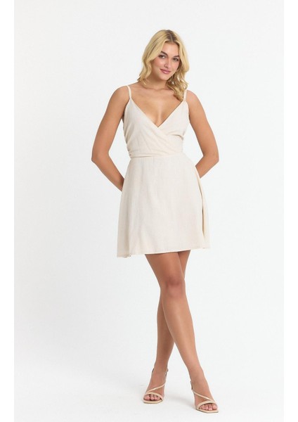 Kadın Taş Kuşaklı A Kesim Mini Kruvaze Yaka Dokuma Keten Görünümlü elbise 4511/90