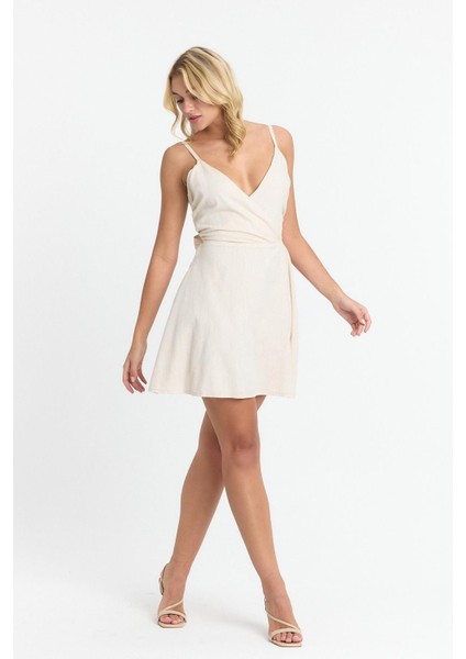 Kadın Taş Kuşaklı A Kesim Mini Kruvaze Yaka Dokuma Keten Görünümlü elbise 4511/90 fiyatları