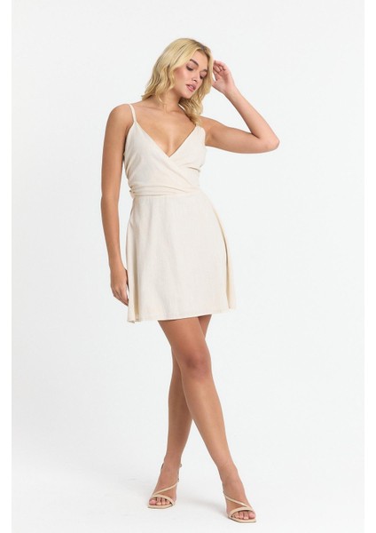 Kadın Taş Kuşaklı A Kesim Mini Kruvaze Yaka Dokuma Keten Görünümlü elbise 4511/90 modelleri