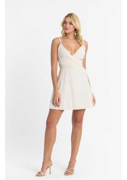 Kadın Taş Kuşaklı A Kesim Mini Kruvaze Yaka Dokuma Keten Görünümlü elbise 4511/90 fırsatları