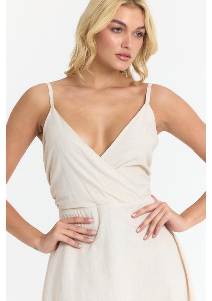 Kadın Taş Kuşaklı A Kesim Mini Kruvaze Yaka Dokuma Keten Görünümlü elbise 4511/90 indirimleri