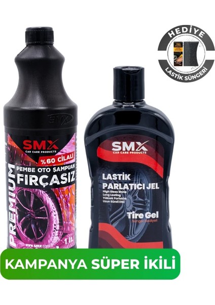 Pembe %60 Cilalı Fırçasız Oto Şampuanı 1lt.+ Jel Lastik Parlatıcı 500 ml + Sünger Hediye