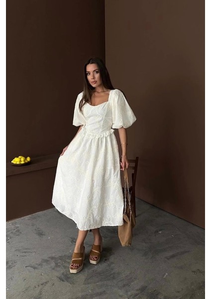 Ekru Balon Kollu Dantelli Brode Elbise