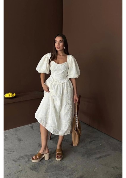 Ekru Balon Kollu Dantelli Brode Elbise modelleri