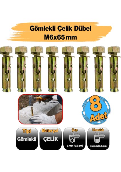 ( 8 Adet ) Saplamalı Gömlek Çelik Dübel M6X65 mm Raf Montaj Bağlantı Zemin Monte Betona Asma Aparat
