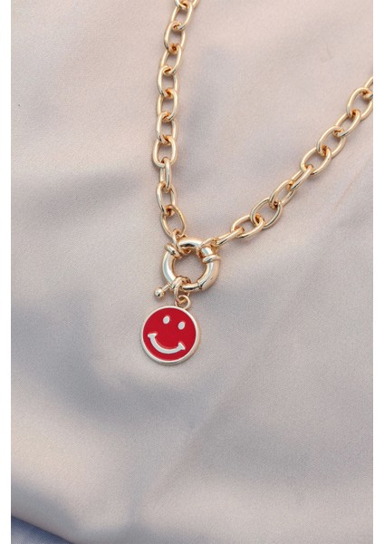 Yeni Sezon Kırmızı Renk Smile Model Retro Gold Metal Kolye