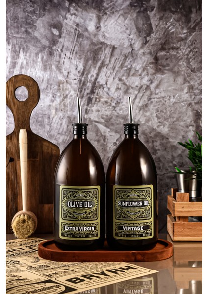 1lt Amber Renkli Ahşap Stantlı Green Vintage Yağdanlık 2'li Set Zeytinyağı Sıvıyağ Şişesi Vintage Yağlık fiyatları
