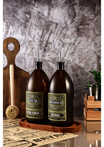 1lt Amber Renkli Ahşap Stantlı Green Vintage Yağdanlık 2'li Set Zeytinyağı Sıvıyağ Şişesi Vintage Yağlık modelleri