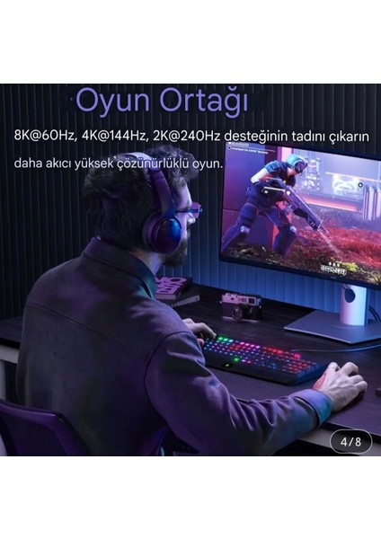 1-Metre DP 1.4 DisplayPort Kablo 8K 60HZ+4K 120HZ 144Hz 165Hz 32.4Gbps Yüksek Hızlı Video Kablosu Ce Lisanslı HDR TV Monitör Bilgisayar