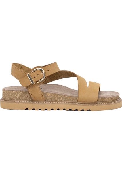 D25YS-5240 Kadın Hakiki Deri Düz Sandalet Camel