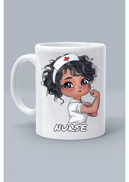 Beyaz Önlük Nurse Hemşire Karikatür Tasarım Baskılı Beyaz Klasik Kupa Bardak