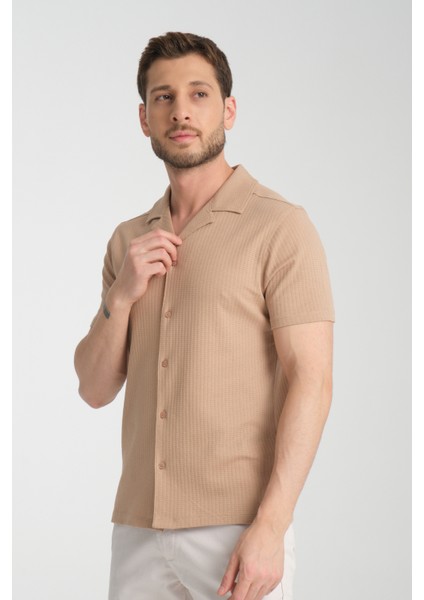 2033 Rico Erkek Koyu Bej Waffle Standart Fit Kısa Kol Apaş Yaka Spor Gömlek