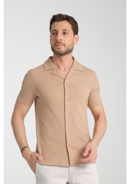 2033 Rico Erkek Koyu Bej Waffle Standart Fit Kısa Kol Apaş Yaka Spor Gömlek modelleri