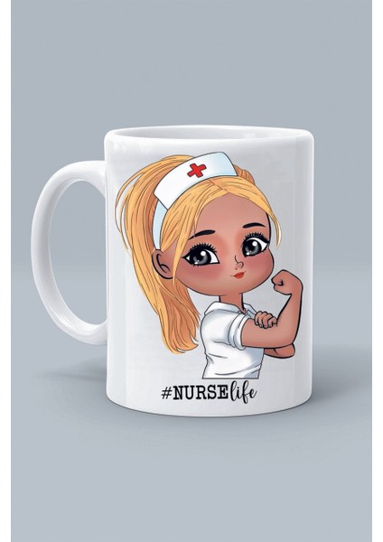 Sarışın Hemşire Karikatür Nurse Life Hemşire Hayatı Tasarım Baskılı Beyaz Klasik Kupa Bardak