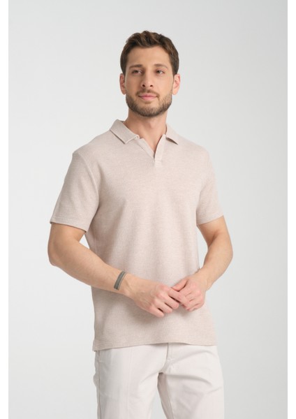 2525 Lores Erkek Camel %100 Pamuk Waffle Slim Fit Polo Yaka Tişört