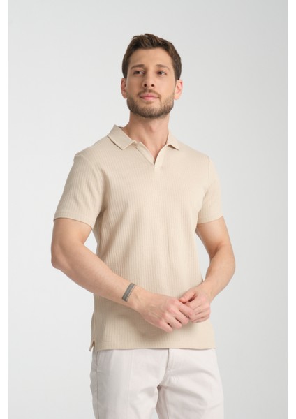 2032 Rico Erkek Açık Bej %100 Pamuk Waffle Regular Fit Polo Yaka Tişört modelleri