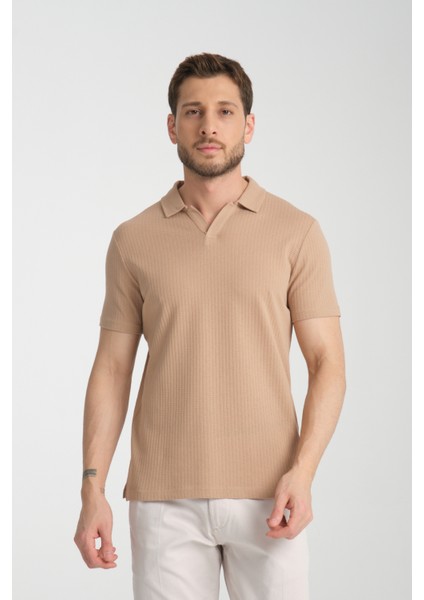 2032 Rico Erkek Koyu Bej %100 Pamuk Waffle Regular Fit Polo Yaka Tişört