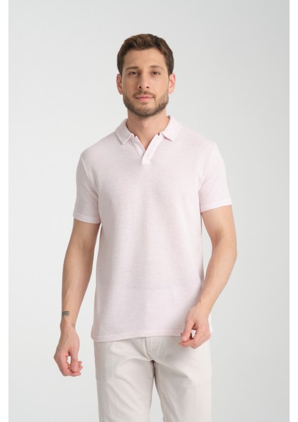 2525 Lores Erkek Pudra %100 Pamuk Waffle Slim Fit Polo Yaka Tişört