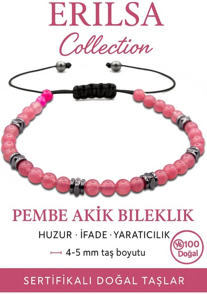 Sertifikalı Terahertz - Pembe Akik Taşı Bileklik - Ince Model Sevgi Uyum