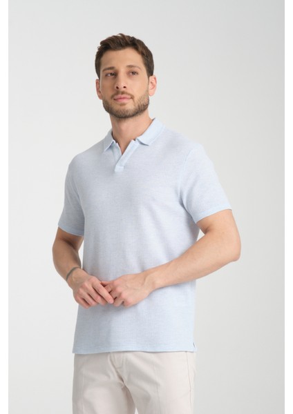 2525 Lores Erkek Mavi %100 Pamuk Waffle Slim Fit Polo Yaka Tişört