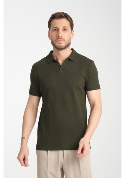 2032 Rico Erkek Haki %100 Pamuk Waffle Regular Fit Polo Yaka Tişört