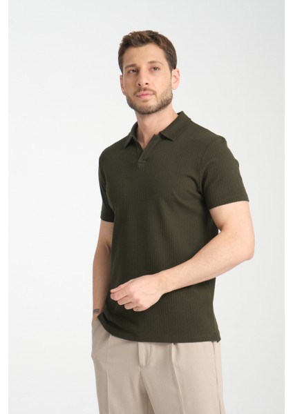 2032 Rico Erkek Haki %100 Pamuk Waffle Regular Fit Polo Yaka Tişört