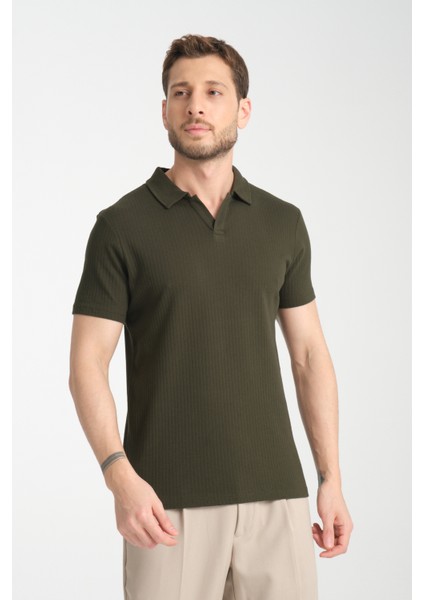 2032 Rico Erkek Haki %100 Pamuk Waffle Regular Fit Polo Yaka Tişört