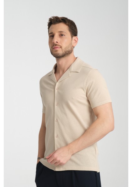 2033 Rico Erkek Bej Waffle Standart Fit Kısa Kol Apaş Yaka Spor Gömlek