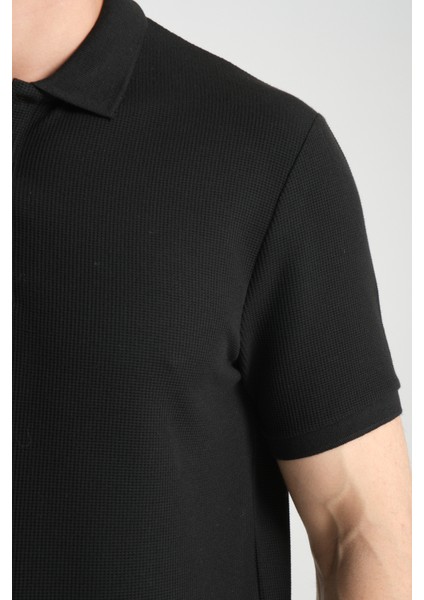2859 Torino Erkek Siyah Regular Fit %100 Pamuk Waffle Polo Yaka T-Shirt modelleri