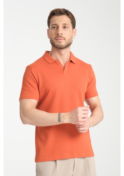 2032 Rico Erkek Turuncu %100 Pamuk Waffle Regular Fit Polo Yaka Tişört