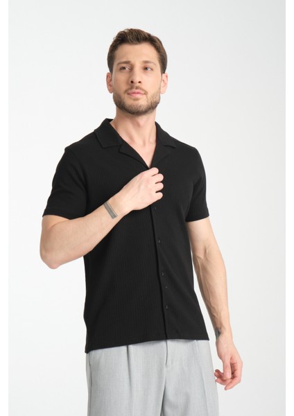 2033 Rico Erkek Siyah Waffle Standart Fit Kısa Kol Apaş Yaka Spor Gömlek