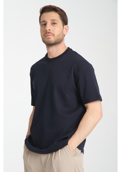 2857 Massimo Erkek Lacivert %100 Supima Pamuk Çekmeyen Kumaş Regular Fit Bisiklet Yaka Tişört modelleri