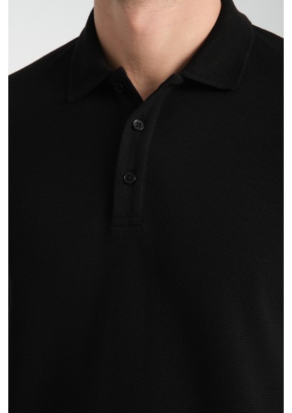 2861 Monza Erkek Siyah Regular Fit %100 Pamuk Waffle Polo Yaka T-Shirt