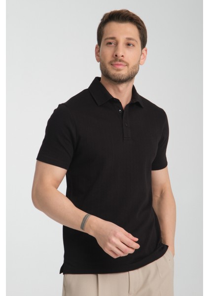 2927 Lucero Erkek Siyah %100 Pamuk Çekmeyen Kumaş Slim Fit Dar Kesim Polo Yaka Tişört modelleri