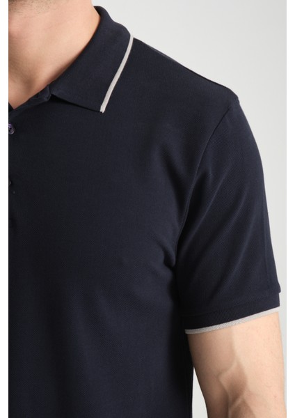 2858 Ricos Erkek Lacivert %100 Pamuk Slim Fit Çekmeyen Kumaş Yaka Detaylı Polo Yaka Tişört