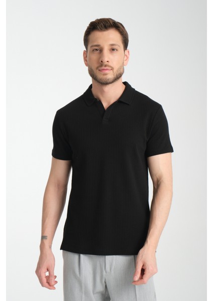 2032 Rico Erkek Siyah %100 Pamuk Waffle Regular Fit Polo Yaka Tişört