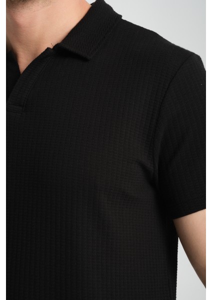 2032 Rico Erkek Siyah %100 Pamuk Waffle Regular Fit Polo Yaka Tişört