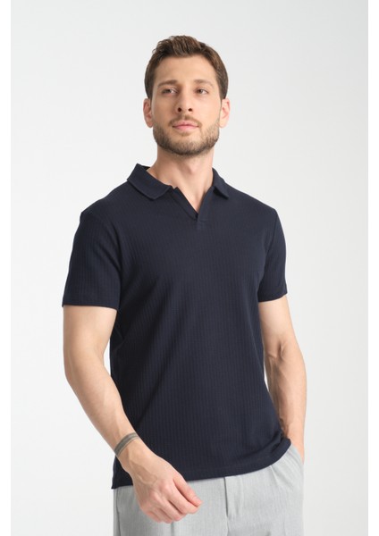2032 Rico Erkek Siyah %100 Pamuk Waffle Regular Fit Polo Yaka Tişört