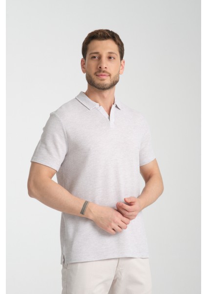 2525 Lores Erkek Gri %100 Pamuk Waffle Slim Fit Polo Yaka Tişört