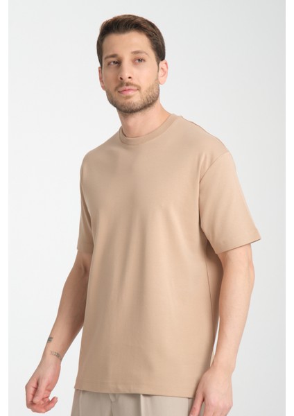 2857 Massimo Erkek Camel %100 Supima Pamuk Çekmeyen Kumaş Regular Fit Bisiklet Yaka Tişört