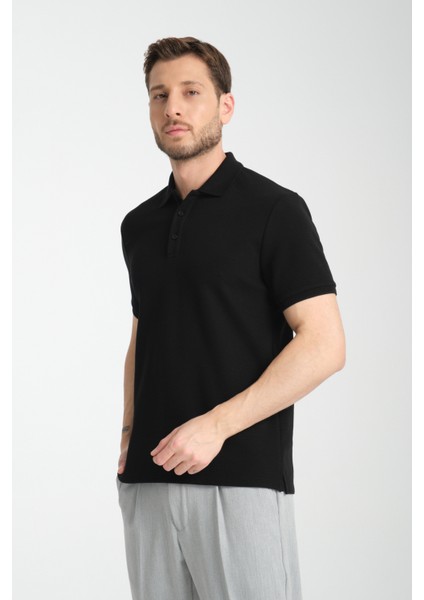 2861 Monza Erkek Siyah Regular Fit %100 Pamuk Waffle Polo Yaka T-Shirt fiyatları
